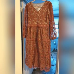 NWT Burnt Orange Lace Midi Dress